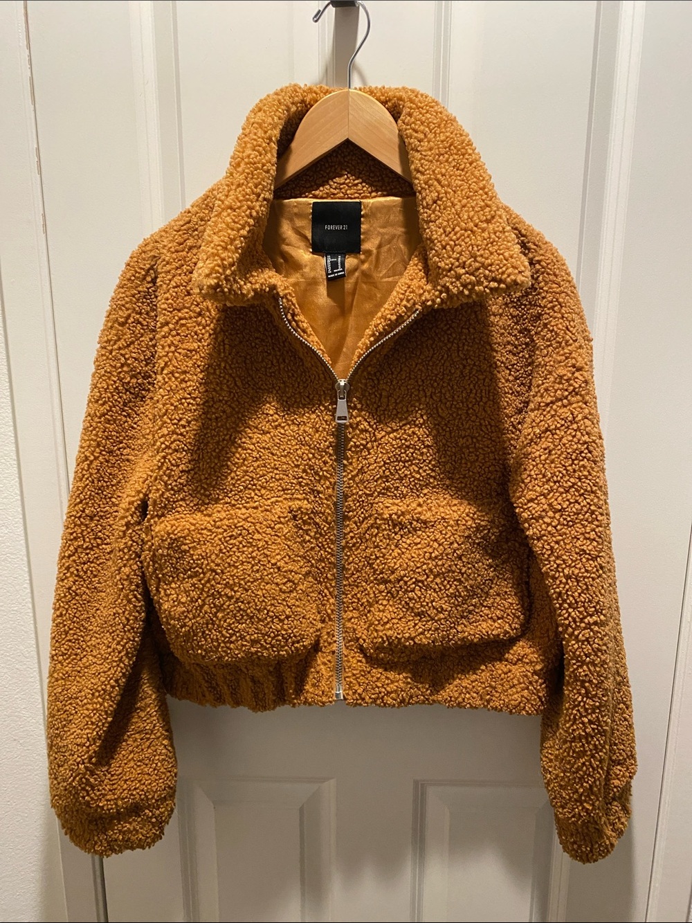 Forever 21 Women's Teddy Zip-Up Jacket in Camel Brown EUC